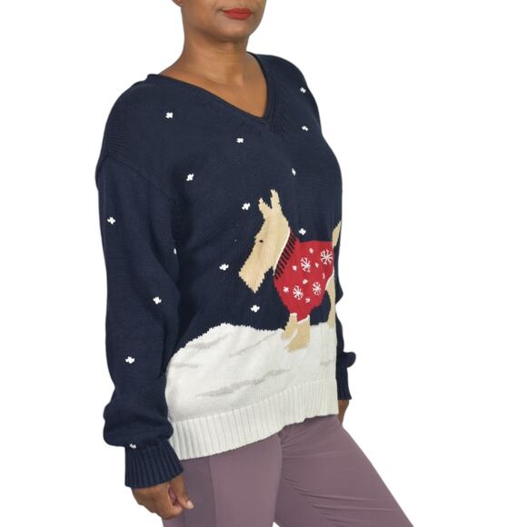 Liz Claiborne Christmas Sweater Blue Vintage Dog Scottie Snow Holiday Festive XL - Picture 2 of 14